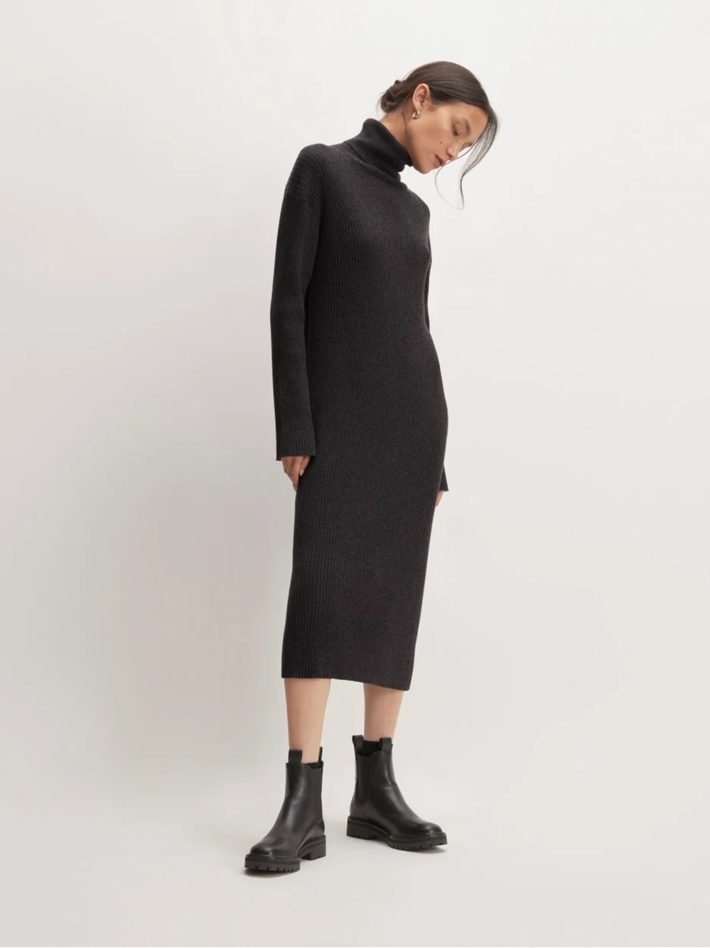 Everlane Cotton-Merino Turtleneck Rib-Knit Midi Dress - Heather Charcoal - NWT
